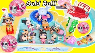 LOL Surprise Dolls Punk Family visit Curious QT at Pool with Kids Playing!