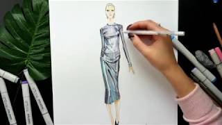 Как рисовать блестящую ткань. Как рисовать маркерами трикотаж. Fashion скетчинг