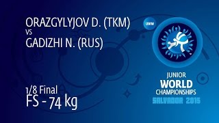 1/8 FS - 74 kg: N. GADIZHI (RUS) df. D. ORAZGYLYJOV (TKM) by FALL, 6-6