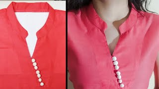 Collar Neck (L size)with Stylish Slant V Placket Cutting and Stitching || DIY || Potli Buttons