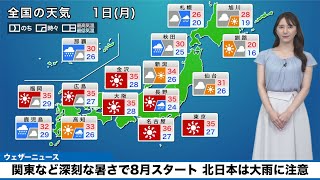 【8月1日(月)の天気予報】関東など深刻な暑さで8月スタート 北日本は大雨に注意