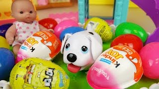 Puppy and baby doll Surprise eggs and Kinder joy toys play park