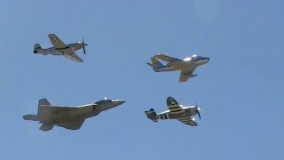 F-22 Raptor, P-51 Mustang, P-47 Thunderbolt & F-86 Sabre Flying In Unison