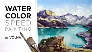 Как нарисовать акварельный пейзаж с горами и морем