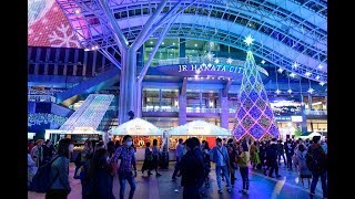 [4K] 2019 Night walking "Christmas Market" and Xmas decorations at Hakata station Fukuoka, Japan