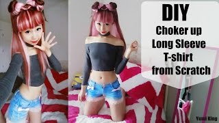 DIY Cutout Choker Neck Long Sleeve Crop T Shirt from Scratch+Pattern Making|Kpop Inspired Fashion