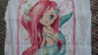 Русалочка и дельфин. Вышивка крестиком. Завершенный процесс.  Плюс стирка.