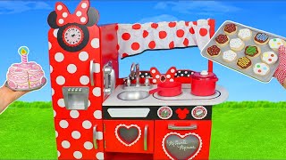 Minnie Mouse Kitchen Toys: Cooking Food w/ velcro Cutting Fruits & Play Doh for Kids