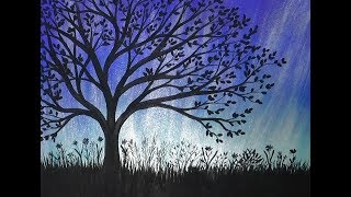 Acrylic Painting Lone Tree in a Meadow Silhouette Painting on Shimmering Background