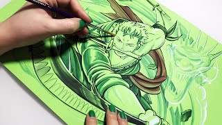 원피스 롤로노아 조로 그리기 - 초록색 색지에 그리기 / Drawing Roronoa Zoro from ONE PIECE - Green Paper