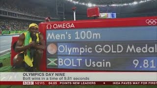 Rio 2016 Olympics Usain Bolt wins Gold 100 m 9:81s  BBC's  Magnificent Seven NOTE Images Only