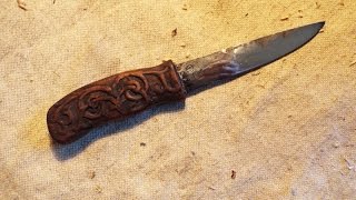 Деревянная рукоять ножа,нанесение орнамента,эскиз и резьба по дереву.