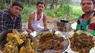 Picnic Eating Show - Chicken Mete Curry - Kuche Fish Curry - Dhela Fish Curry - Cauliflower Potato