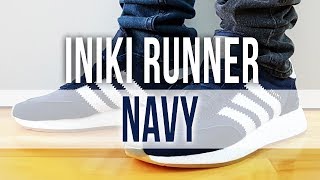 ADIDAS INIKI RUNNER BOOST NAVY on Feet and Close Up