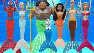 Play Doh Moana & Maui, Frozen Dolls in Mermaids Costumes Inspired Costumes