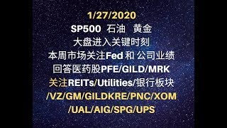 美股交易 1/27/2020 SP500/石油/黄金 大盘进入关键时刻 本周市场关注Fed 和 公司业绩 回答医药股PFE/GILD/MRK