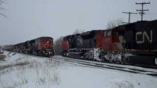 Canadian National Railway trains meet on a cold winter day