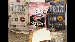 The Real Pork Crackling Co. Pork Scratchings & Crackling, Mr. Porky Strips, T.E. Brown Butcher