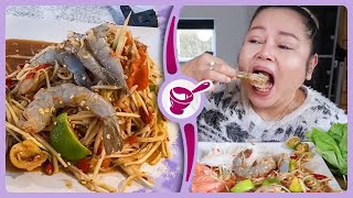 ส้มตำจานแรกถึงเดนมาร์ก ⚠️ตำกุ้งสด⚠️แซลม่อนจิ้มวาซาบิ sashimi salmon