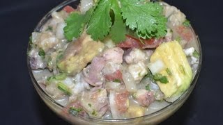 ceviche de pescado, camarones y conchas negras- ceviche mixto
