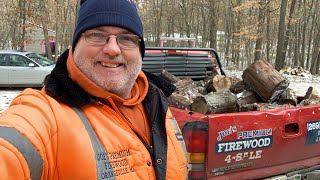 FIREWOOD - splitting hickory firewood out of & back into truck