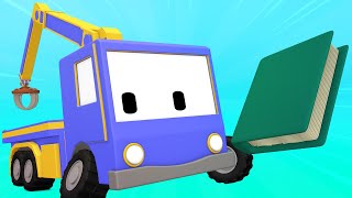 Tiny Trucks - Library day - Kids Animation with Street Vehicles Bulldozer, Excavator & Crane