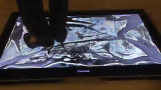 Girl jumping on flat TV with high heels