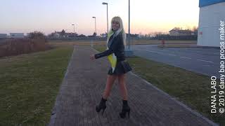 DANA LABO walk for fun in mini skirt and boots higt heels