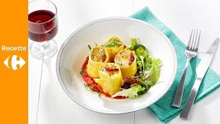 Rouleaux de pâte au fromage de chèvre, tomates séchées et épinard