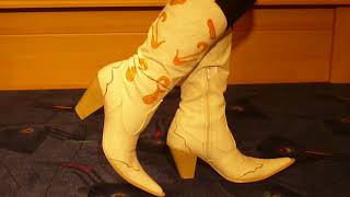 Jana shows her high heel cowgirl boots white with orange