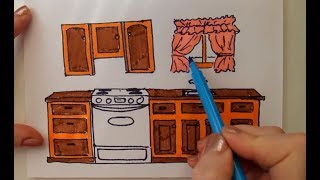 Как нарисовать кухню.   Coloring . How to draw a kitchen furniture