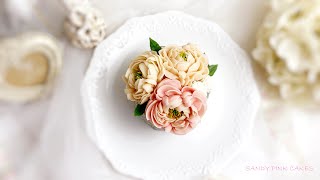 【韓式裱花。꽃케이크。Beanpaste Flower Cake】Peony花籃蛋糕｜切蛋糕囉～最後有NG片段?