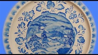 Поднос с зимним пейзажем под Гжель. Hand painted tray, imitation of Gzhel.