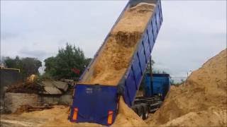 Полуприцеп-самосвал MEGA 50 м3. выгружает опилки.
