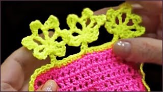Цветочный бордюр. Обвязка крючком. Кайма крючком. Цветы крючком. (Crochet border)