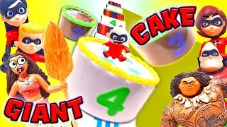 Giant Layer Cake Surprises with Moana and Maui! with Incredibles 2 Toys Learn Colors and Numbers!