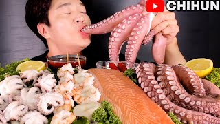 GIANT SALMON & OCTOPUS ?? SHRIMP SQUID STICK | POPULAR SEAFOOD BOIL & SASHIMI MUKBANG EATING SHOW