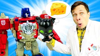Игрушки из мультфильмов. Роботы Трансформеры и Супер Кот на приеме Доктора Ой !
