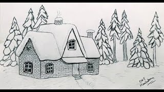 Kış Evi Çizimi - Kış manzarası nasıl çizilir - Karakalem Çizim Çalışması 12/30