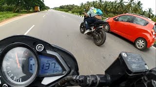 Drag Race - 2017 Pulsar NS200 vs 2014 Pulsar 200NS vs Chevrolet Beat - TOP SPEED +155 KM/H