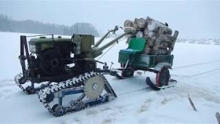 В лес за валежником на тяжелом мотоблоке, на гусеницах зимой
