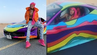 6ix9ine riding around Dubai in a 1M rainbow ferrari