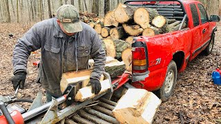 How to split large & heavy hickory firewood blocks directly from truck bed