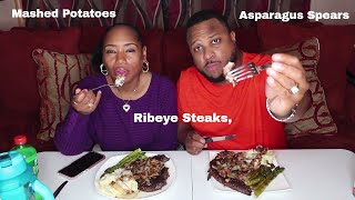 Homemade Ribeye Steaks, Creamy Mashed Potatoes, and Asparagus spears