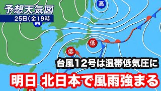台風12号は温帯低気圧に　明日25日(金)は北日本で風雨強まる