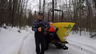 #142 Kubota B2601. LandPride FSP500 Broadcast Spreader. Two Hills. Tire Chain Update.