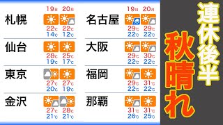 3連休後半は広く秋晴れに