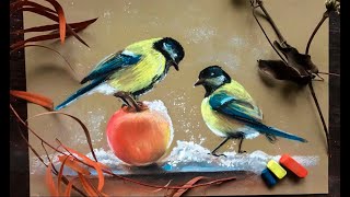 Рисунок сухой ПАСТЕЛЬЮ.Рисуем ПТИЦ.Синички.Drawing a dry PASTEL.BIRDS.Winter landscape Зимний пейзаж