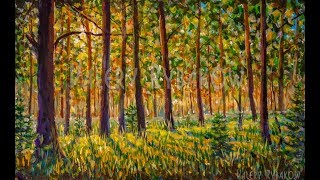 Солнечный лес | Как нарисовать лесной пейзаж акрилом - УРОК РИСОВАНИЯ