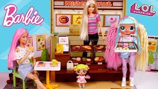 Barbie LOL Family Donut Shop Breakfast Routine with Baby Goldie & Twins